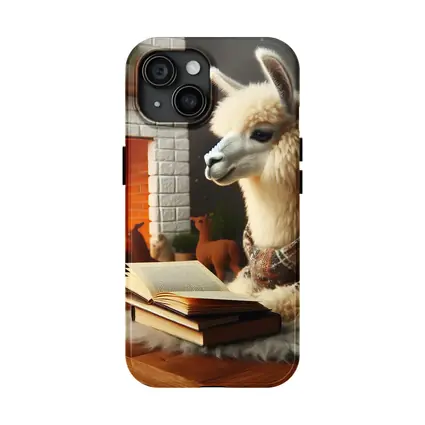 Cozy Llama Reading Books By Fireplace