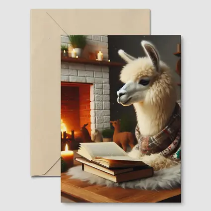 Cozy Llama Reading Books By Fireplace