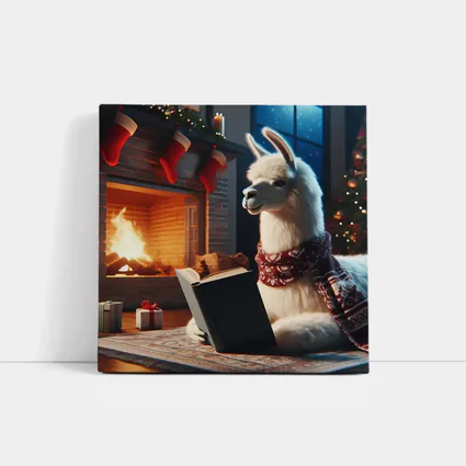 Llama Reading Book By Christmas Fireplace