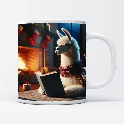 Llama Reading Book By Christmas Fireplace