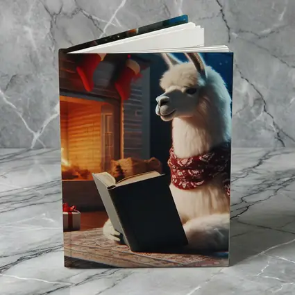 Llama Reading Book By Christmas Fireplace
