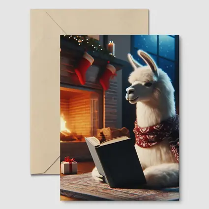 Llama Reading Book By Christmas Fireplace