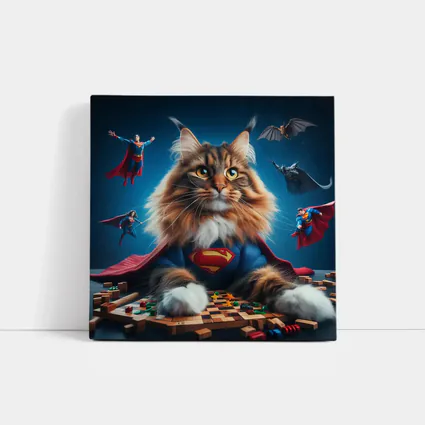 Maine Coon Cat Superman Costume Blue Background