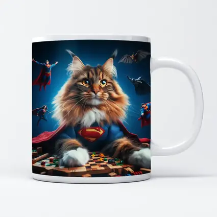 Maine Coon Cat Superman Costume Blue Background
