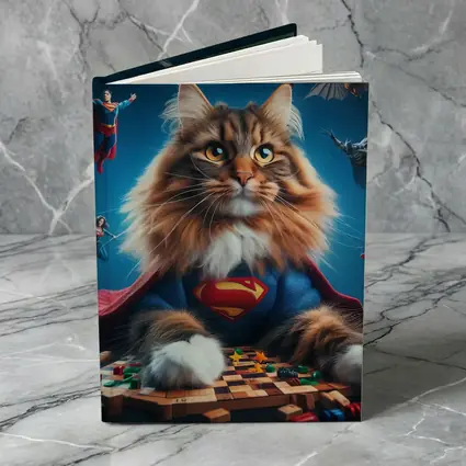 Maine Coon Cat Superman Costume Blue Background