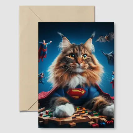 Maine Coon Cat Superman Costume Blue Background