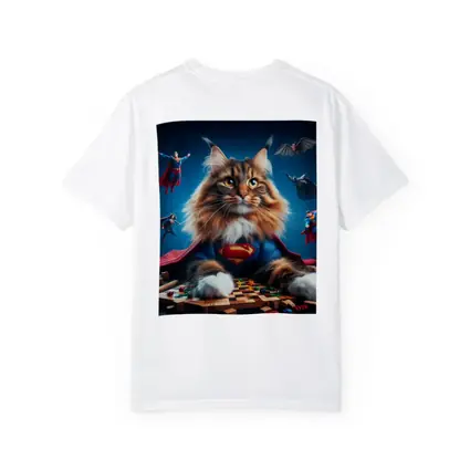 Maine Coon Cat Superman Costume Blue Background