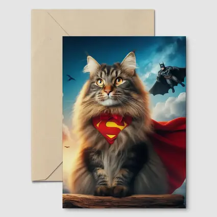 Superhero Cat Superman Cape Sky Background
