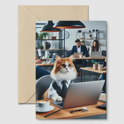 Office Cat Wearing Suit Working Laptop