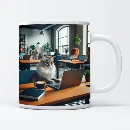 Gray Cat Working Laptop Cozy Office