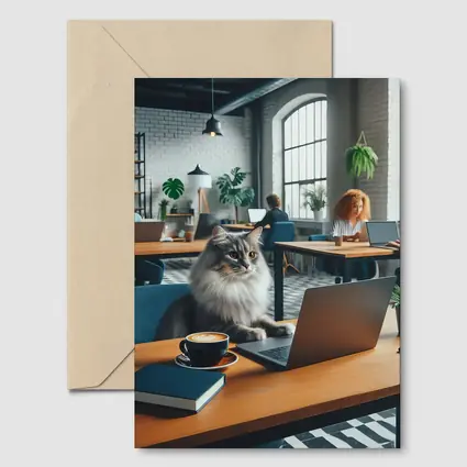 Gray Cat Working Laptop Cozy Office