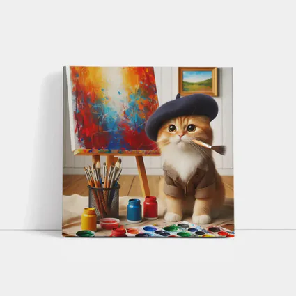 Artist Cat in Beret Painting Studio