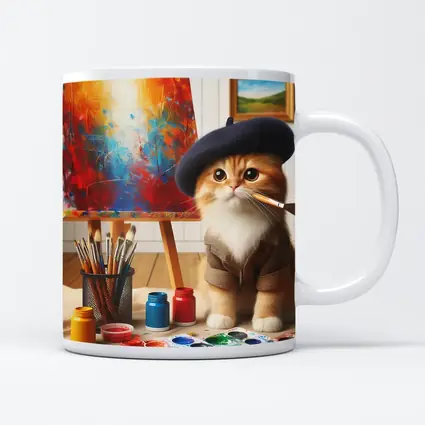 Artist Cat in Beret Painting Studio