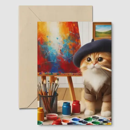 Artist Cat in Beret Painting Studio