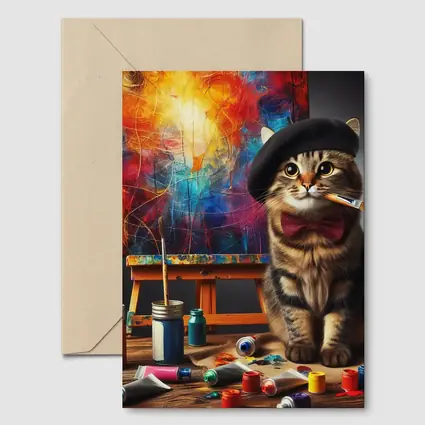Artist Cat Beret Bow Tie Paint Studio