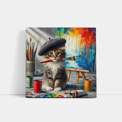 Kitten Artist Beret Painting Studio Canvas