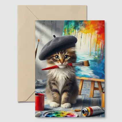 Kitten Artist Beret Painting Studio Canvas
