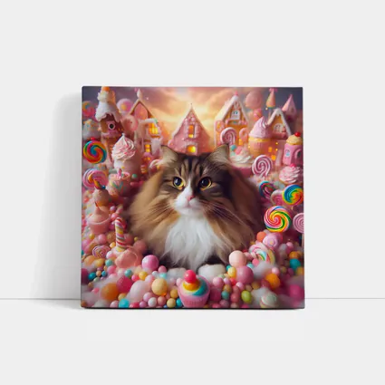 Fluffy Cat Surrounded by Colorful Candy Fantasy