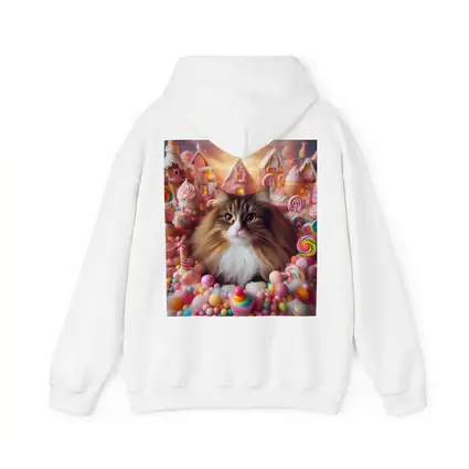 Fluffy Cat Surrounded by Colorful Candy Fantasy
