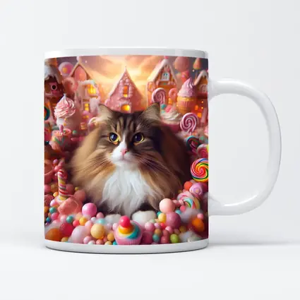 Fluffy Cat Surrounded by Colorful Candy Fantasy