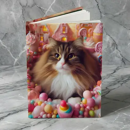 Fluffy Cat Surrounded by Colorful Candy Fantasy