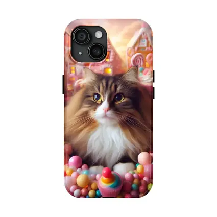 Fluffy Cat Surrounded by Colorful Candy Fantasy