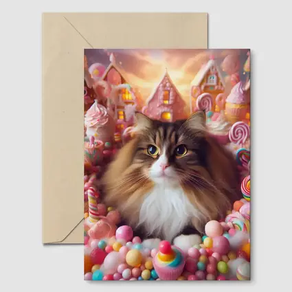Fluffy Cat Surrounded by Colorful Candy Fantasy