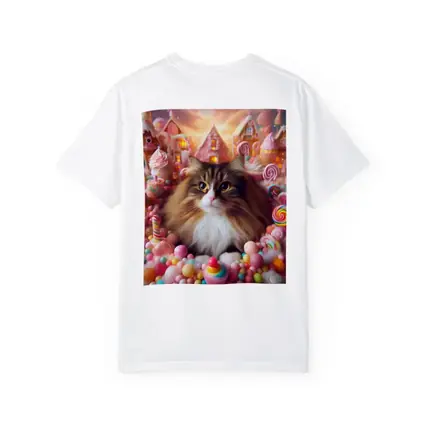 Fluffy Cat Surrounded by Colorful Candy Fantasy