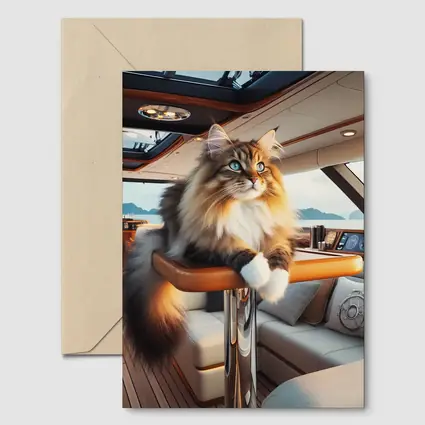 Norwegian Forest Cat Lounging Luxury Yacht Interior