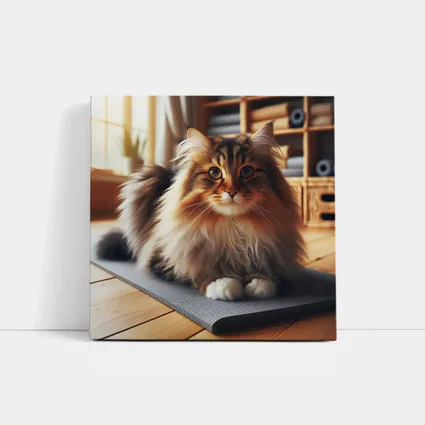 Fluffy Siberian Cat Relaxing on Yoga Mat