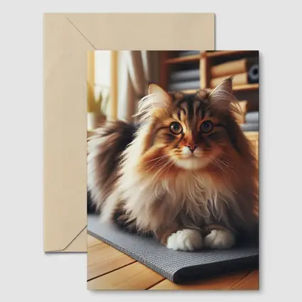 Fluffy Siberian Cat Relaxing on Yoga Mat