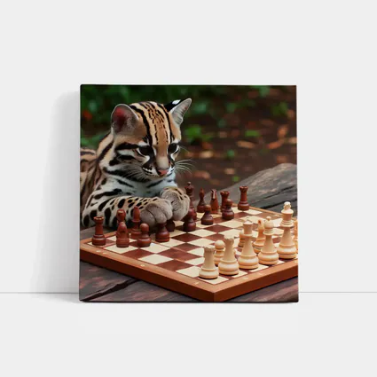 Ocelot Playing Chess on Wooden Table