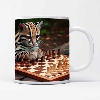 Ocelot Playing Chess on Wooden Table