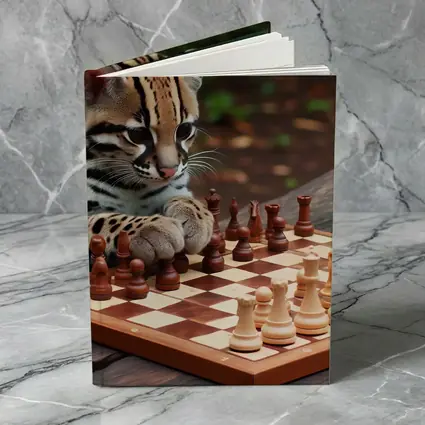 Ocelot Playing Chess on Wooden Table