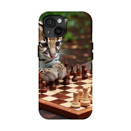 Ocelot Playing Chess on Wooden Table