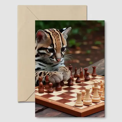 Ocelot Playing Chess on Wooden Table