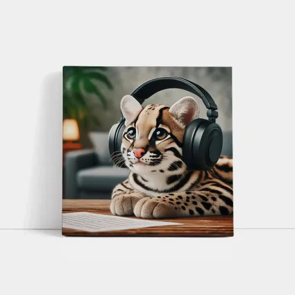 Baby Ocelot Wearing Headphones Indoor Setting