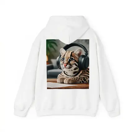 Baby Ocelot Wearing Headphones Indoor Setting