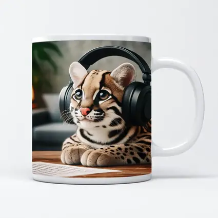 Baby Ocelot Wearing Headphones Indoor Setting