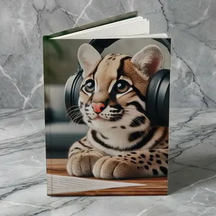 Baby Ocelot Wearing Headphones Indoor Setting
