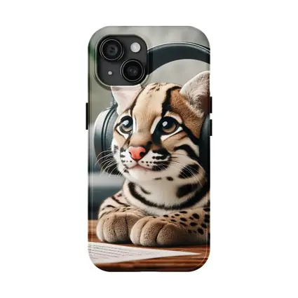 Baby Ocelot Wearing Headphones Indoor Setting