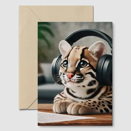 Baby Ocelot Wearing Headphones Indoor Setting