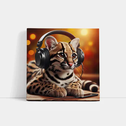 Baby Ocelot Wearing Headphones Warm Bokeh