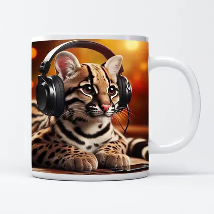 Baby Ocelot Wearing Headphones Warm Bokeh