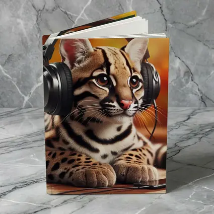 Baby Ocelot Wearing Headphones Warm Bokeh
