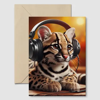 Baby Ocelot Wearing Headphones Warm Bokeh