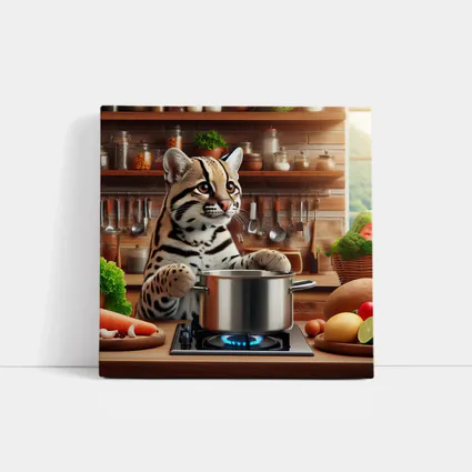 Ocelot Cooking in Rustic Kitchen Scene