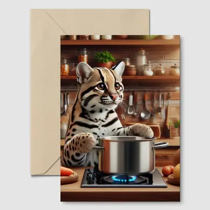 Ocelot Cooking in Rustic Kitchen Scene