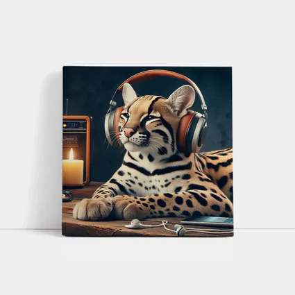 Ocelot With Headphones Listening To Radio