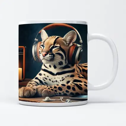 Ocelot With Headphones Listening To Radio
